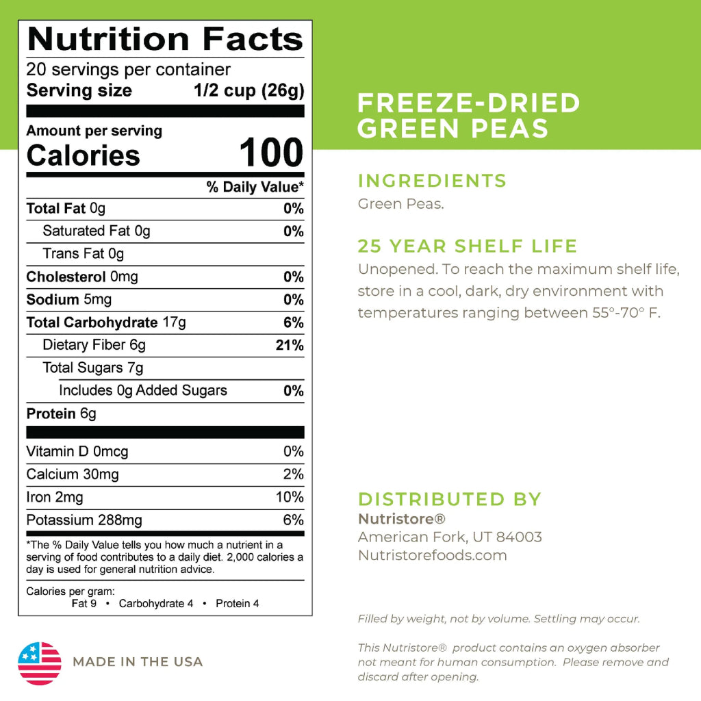 Nutristore Freeze Dried Green Peas Nutrition Facts