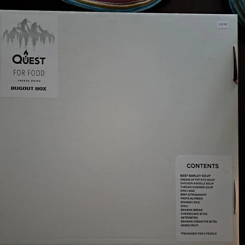Quest for Food "Bugout Box" emergency food kit with freeze-dried meals and snacks
