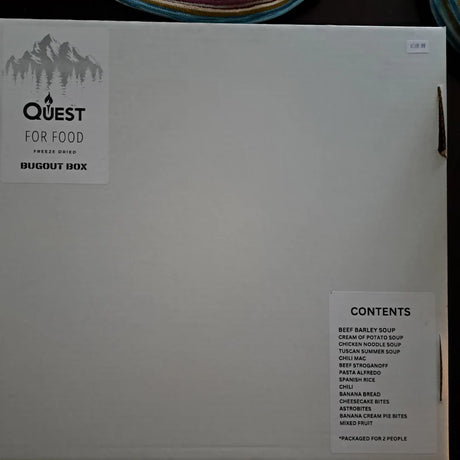 Quest for Food "Bugout Box" emergency food kit with freeze-dried meals and snacks