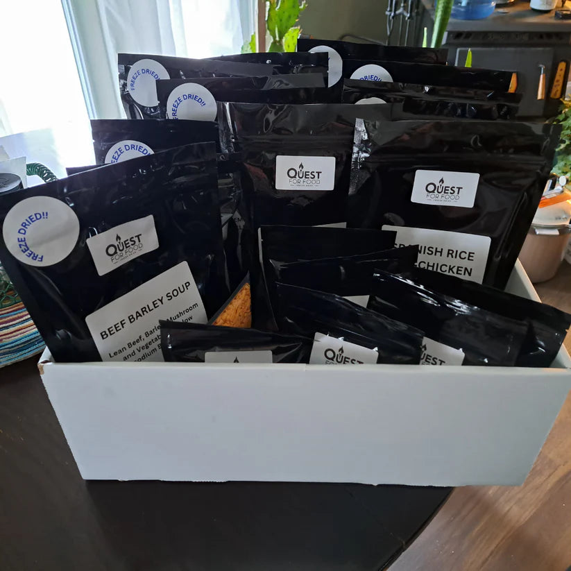 Quest for Food "Bugout Box" emergency food kit with freeze-dried meals and snacks