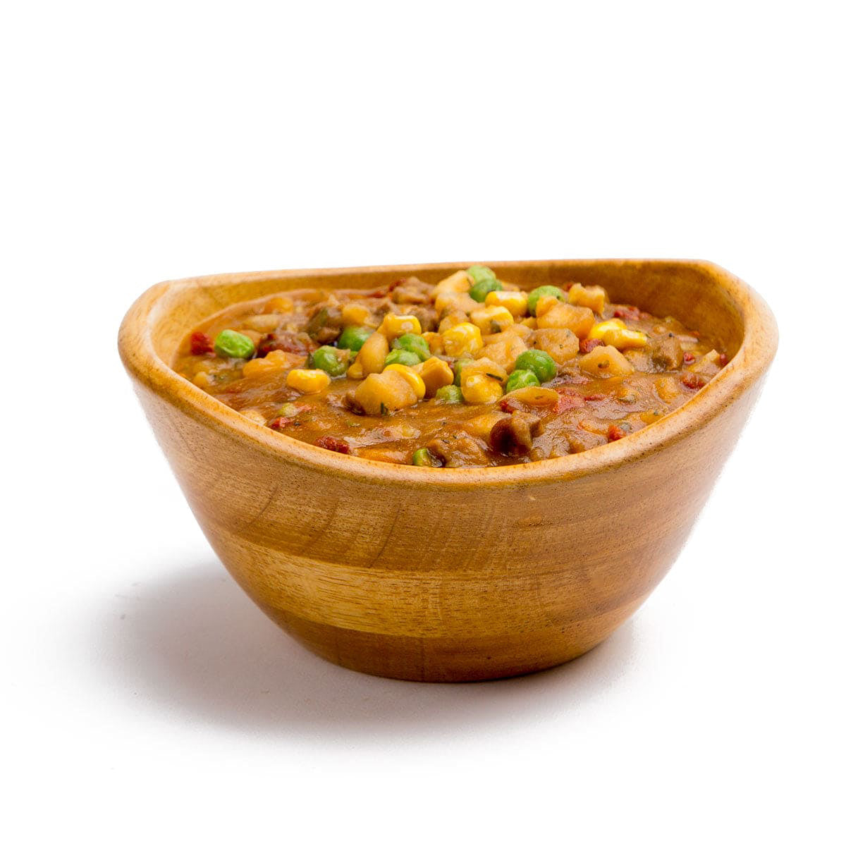 prepared Freeze Dried Shepherd's Potato Stew with Beef in wooden bowl