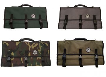 Four Bug Out Roll Lite's side by side on a white background. The top left roll is in a forest green, the top right roll is in a dark grey, the bottom left has an army coloring, and the bottom right is in an olive color.