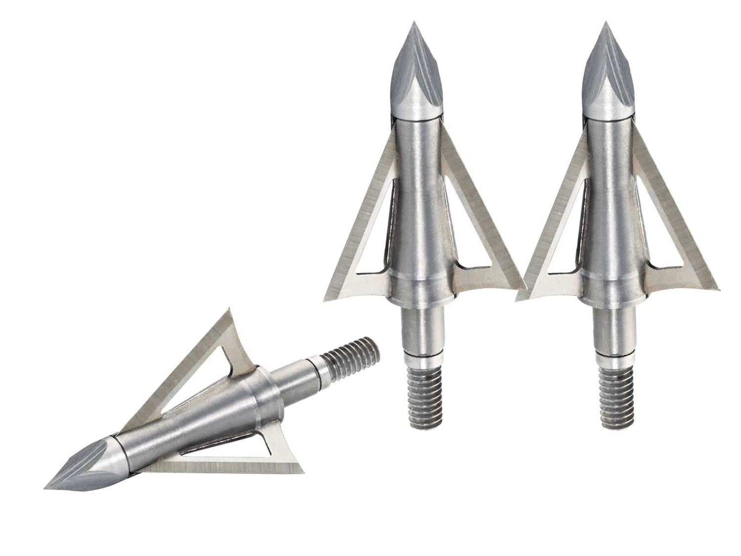 Three Stainless Steel Boltcutter B.A.T Broad heads on a white background.