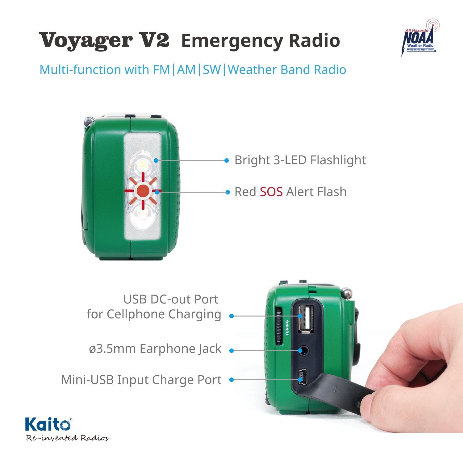 Kaito Voyager 2 Portable Solar/Hand Crank AM/FM, Shortwave & NOAA Weather Emergency Radio with USB Cell Phone Charger & LED Flashlight