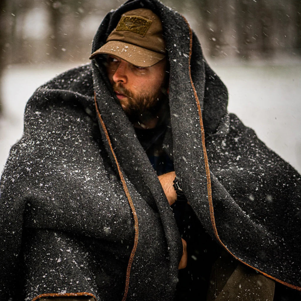 Heavy-duty Arcturus wool blanket being used outside in the winter
