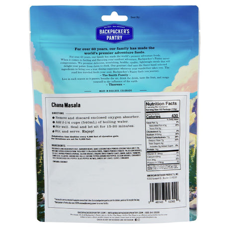 Backpackers Pantry Freeze Dried Chana Masala Nutrition label