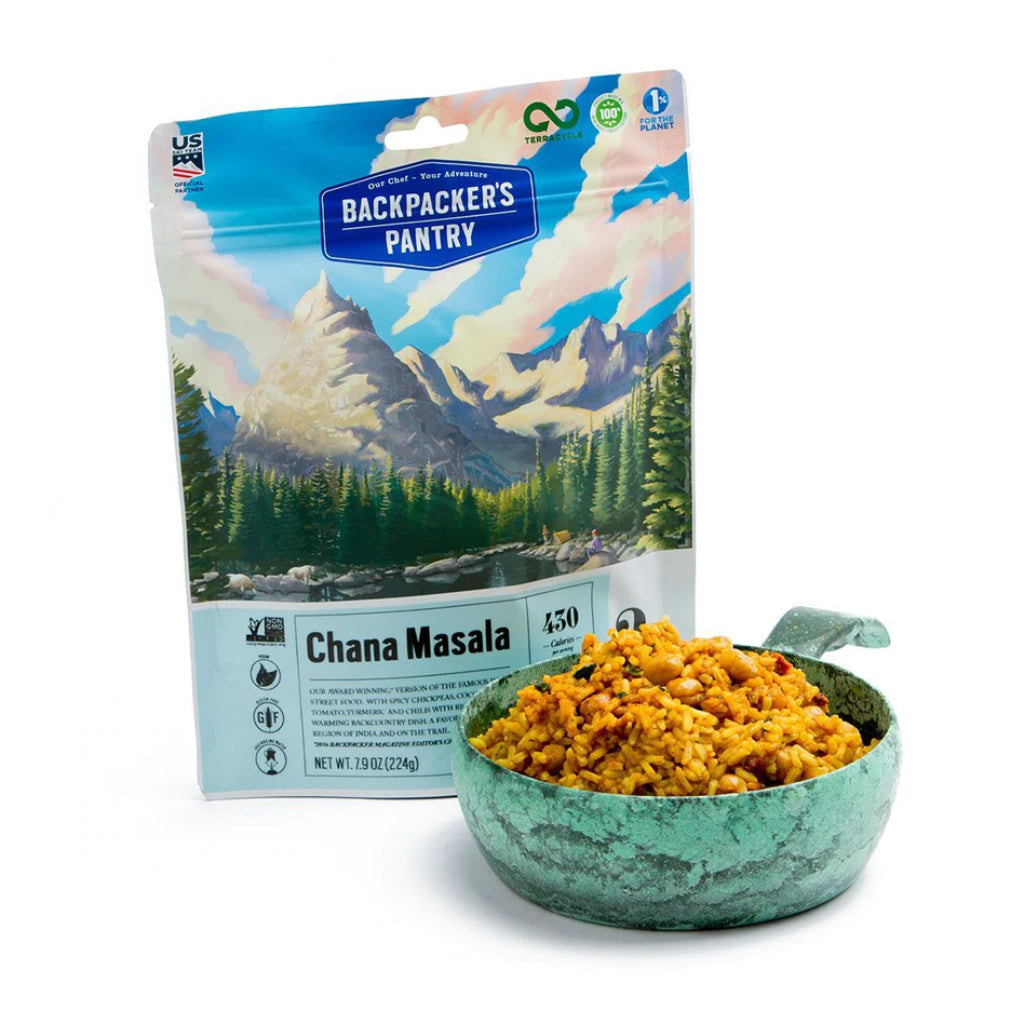 Backpackers Pantry Freeze Dried Chana Masala Food Pouch and prepared meal
