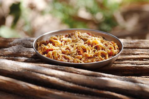 A bowl of preppared Freeze dried Neapolitan Spaghetti on a large tree branch in the wilderness.