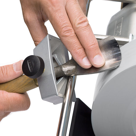 Close-up of Tormek SVS-50 Multi Jig adjusting skew angle