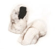 Two white furred Ladies Blue Fox Fur Mitts side by side, one of the mitts exposing the leather palm.