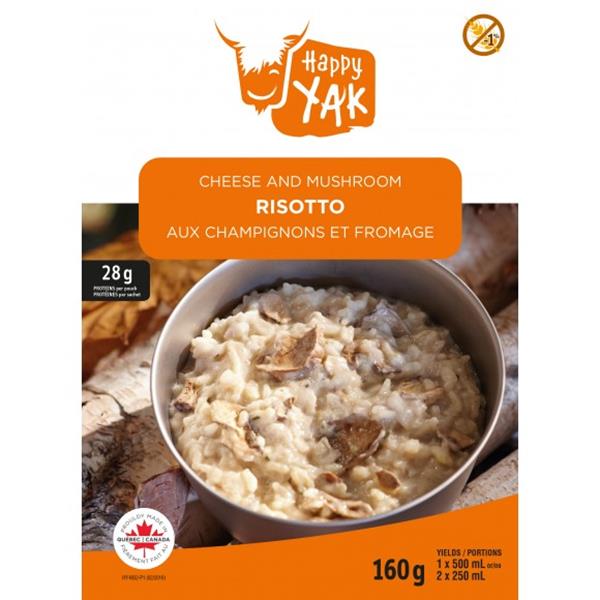 Happy Yak Cheese and Mushroom Risotto 'Aux Champignons Et Fromage'. A bowl of risotto with mushrooms rests on a bed of lumber.