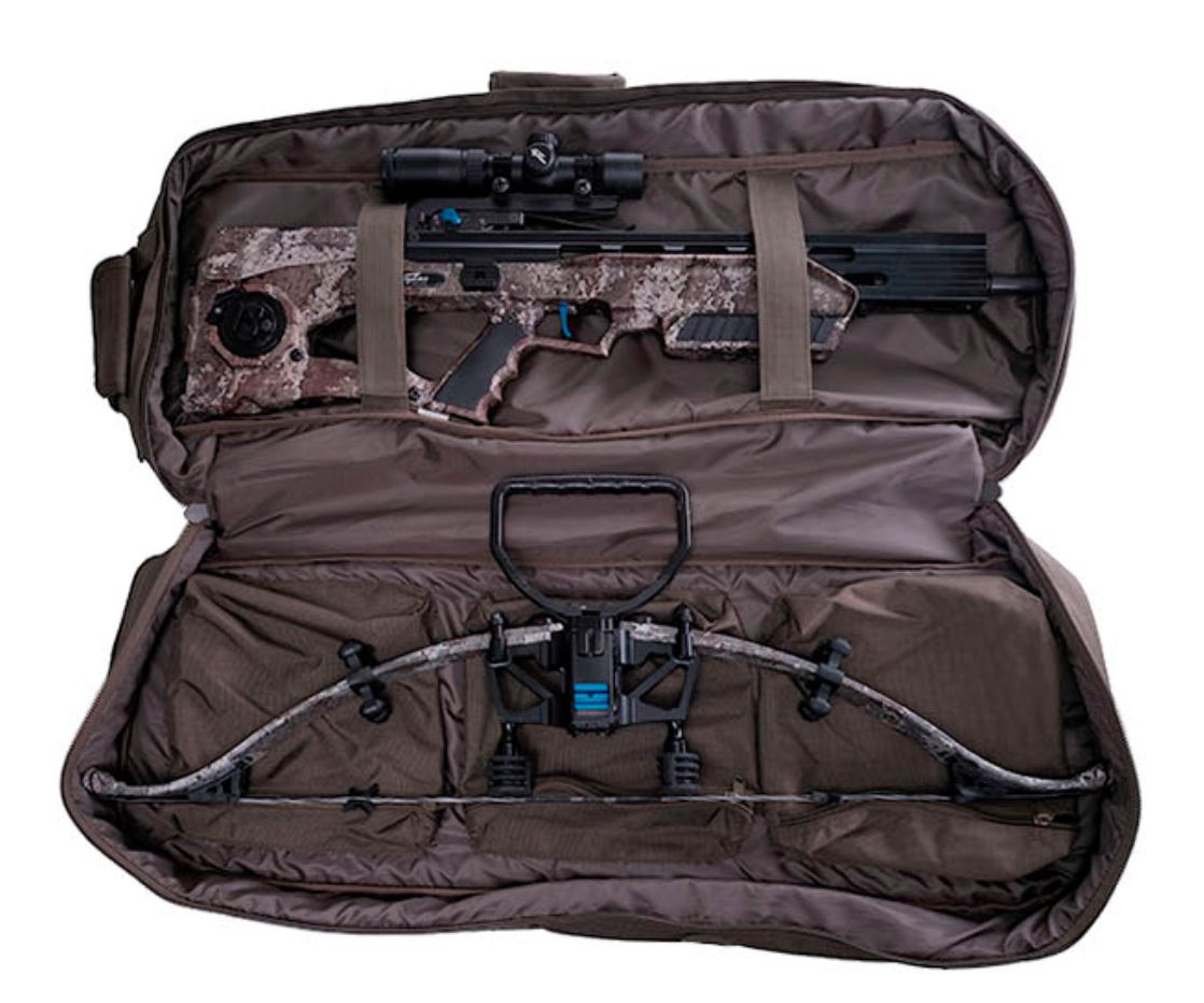 Exaclibur crossbow bag depicting how to properly store a recurve crossbow in olive green and forrest camo