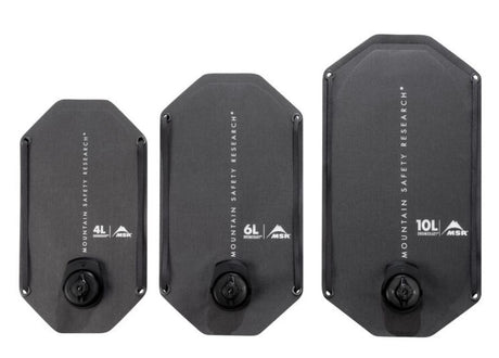 The 2, 4 and 10 L MSR Rugged Water Storage bags. The bags are in a matte charcoal colour with the text 'Mountain Safety Research' along the middle of each bag.
