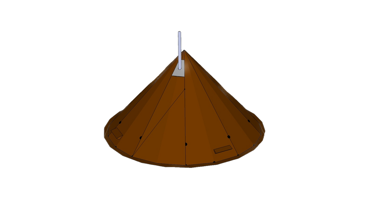 3d rendered design of the NorTent Iavvo 6 winter hot tent. The tent is a copper brown color with a ligh grey cylinder sticking out from the top of the tent.