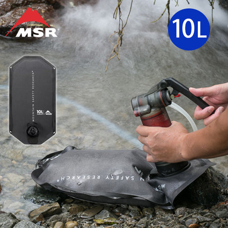 A person using the MSR Guardian Water Purifying system to fill a Rugged water storage bag with creek water.