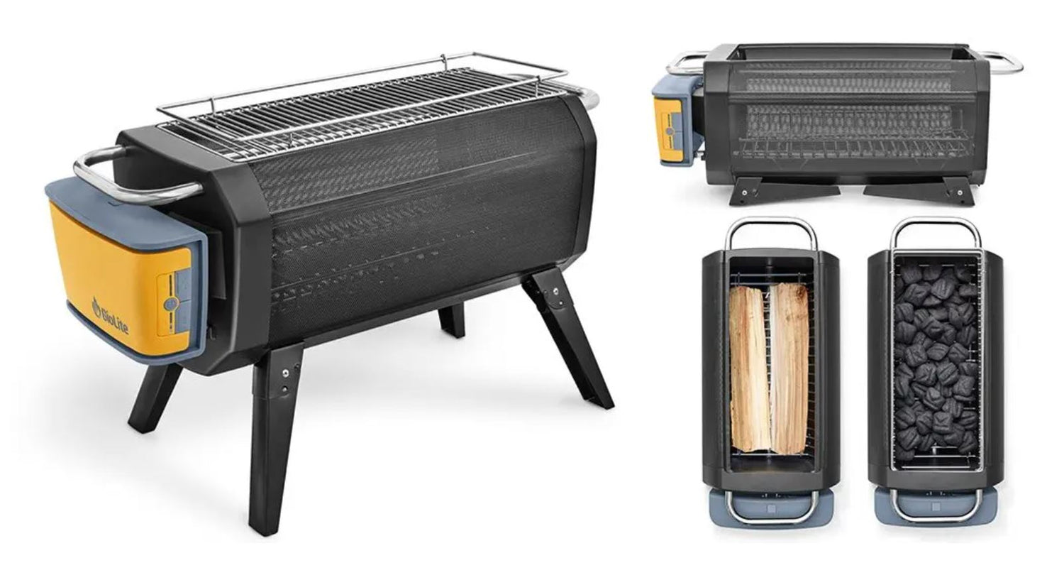 Smokeless Natural Fuel BioLite FirePit. To the left is a view of the grill fully built with the grill rack on top,  on the top right is a side view of the firepit collapsed and ready to be stored, and on the bottom right is two top down views of the firepit, one with wood logs and the other with charcoal.