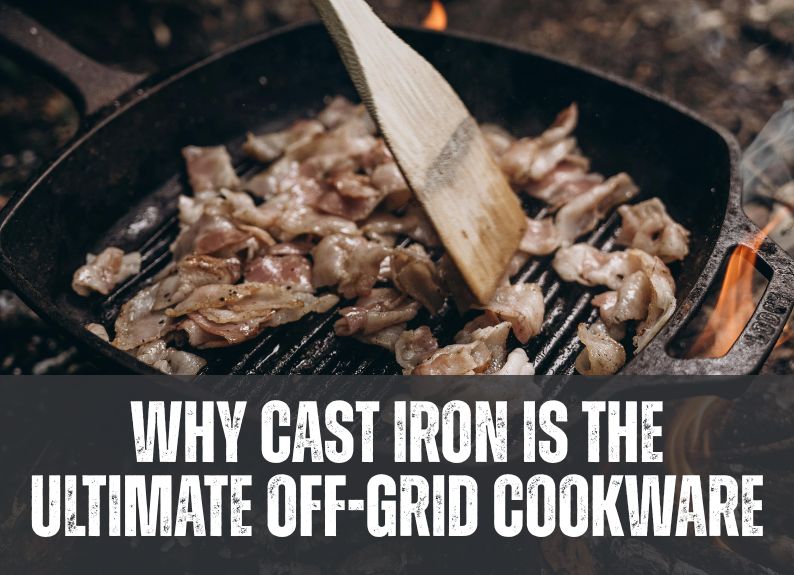 bacon being cooked outdoors in a cast iron pan