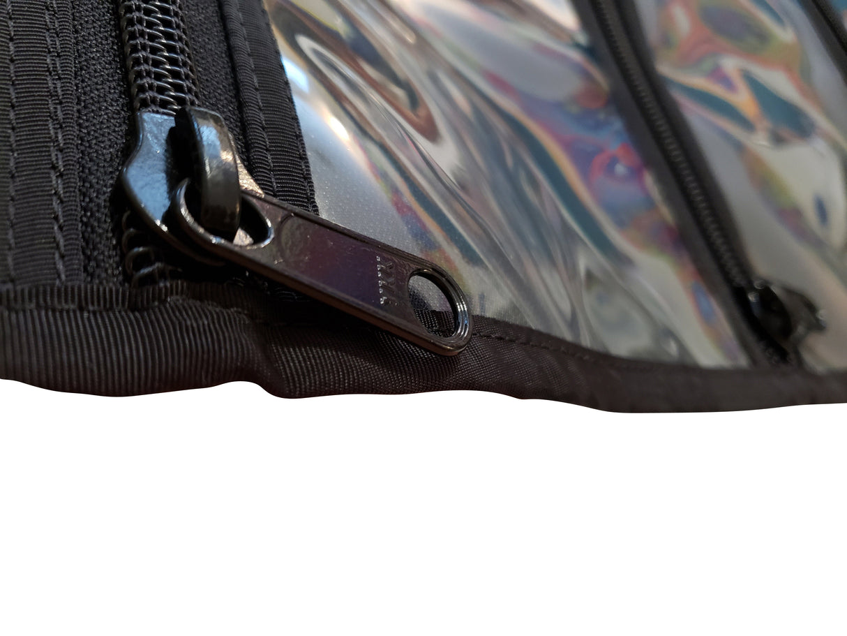 Close up of the heavy duty zipper on the Bug Out Roll Lite bag in Black.