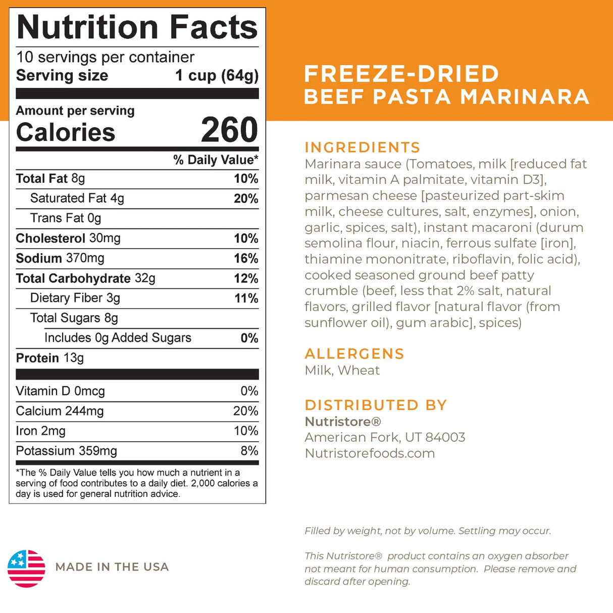 Nutrition label of Nutristore's Freeze Dried Beef Pasta Marinara