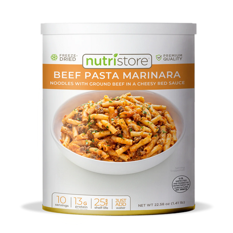 can of Nutristore freeze dried beef pasta marinara