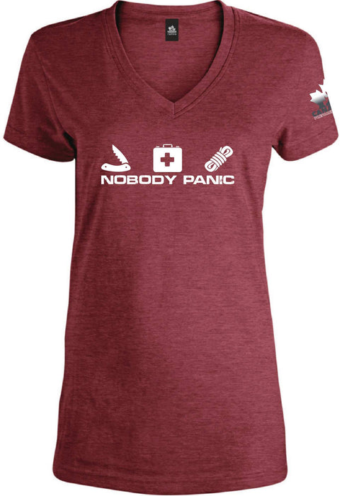 Women's Nobody Panic V-Neck T-Shirt | Canadian Preparedness