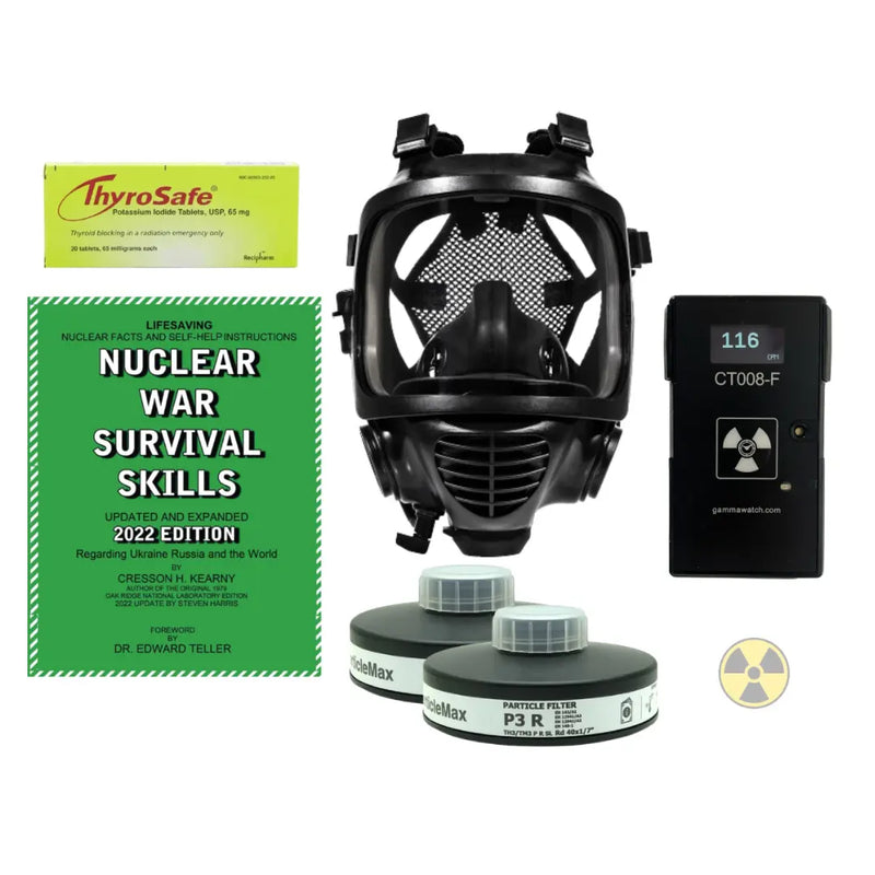 Nuclear Survival Kit Product image including a radiation detector, gas mask, gas mask filters, radiation tables and a book on nuclear survival skills. 