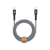 Zendure SuperCord USB-C to Lightning Cable rolled up with leather cable organizer