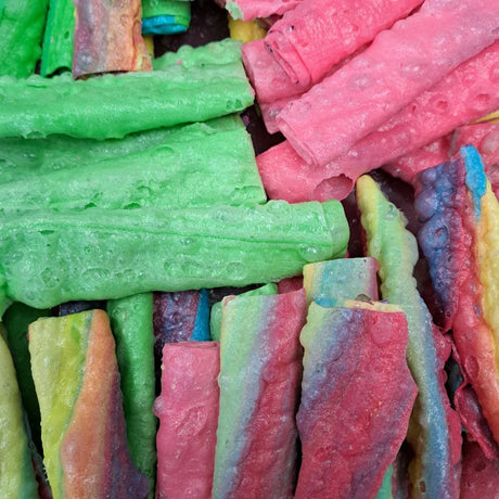 Close-up of crunchy Fruit Flips snack with bold fruit flavors