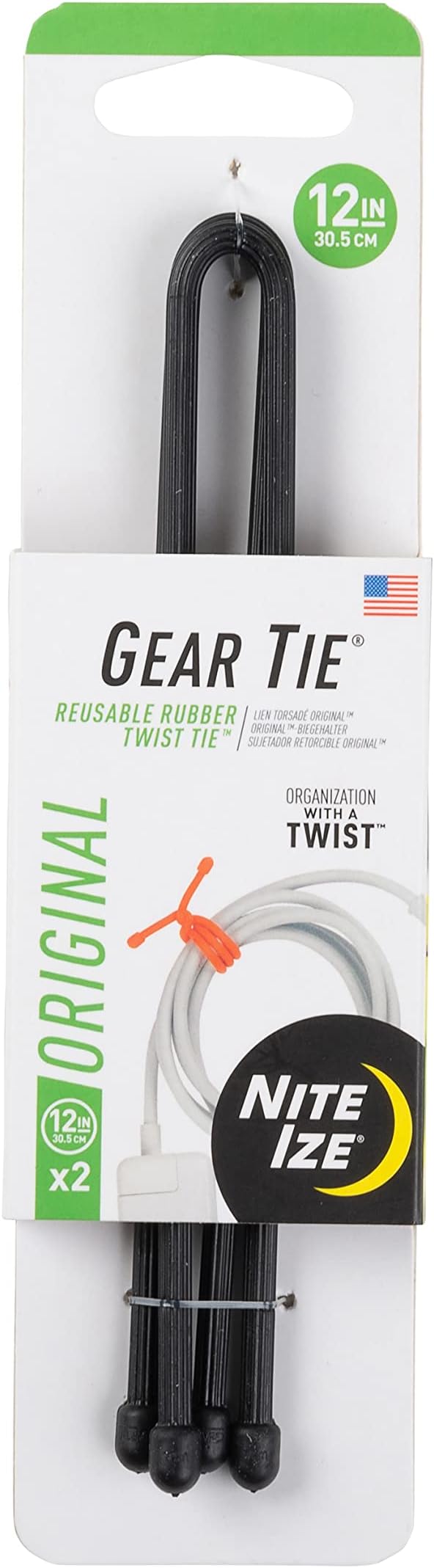 Black Nite-Ize Gear Tie | 12" Reusable Rubber Twist Tie | 2 Pack