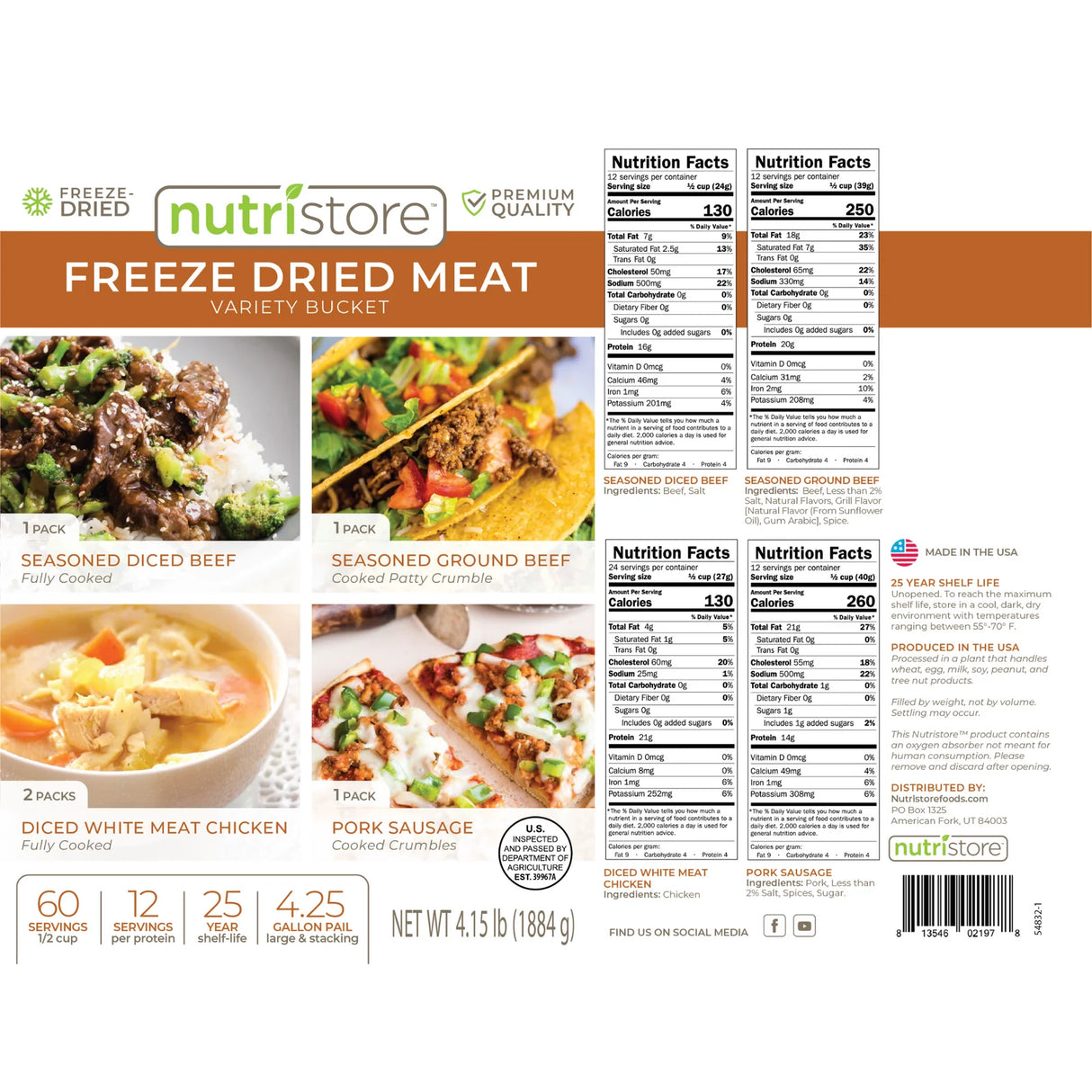 Nutristore meat variety bucket nutrition label 