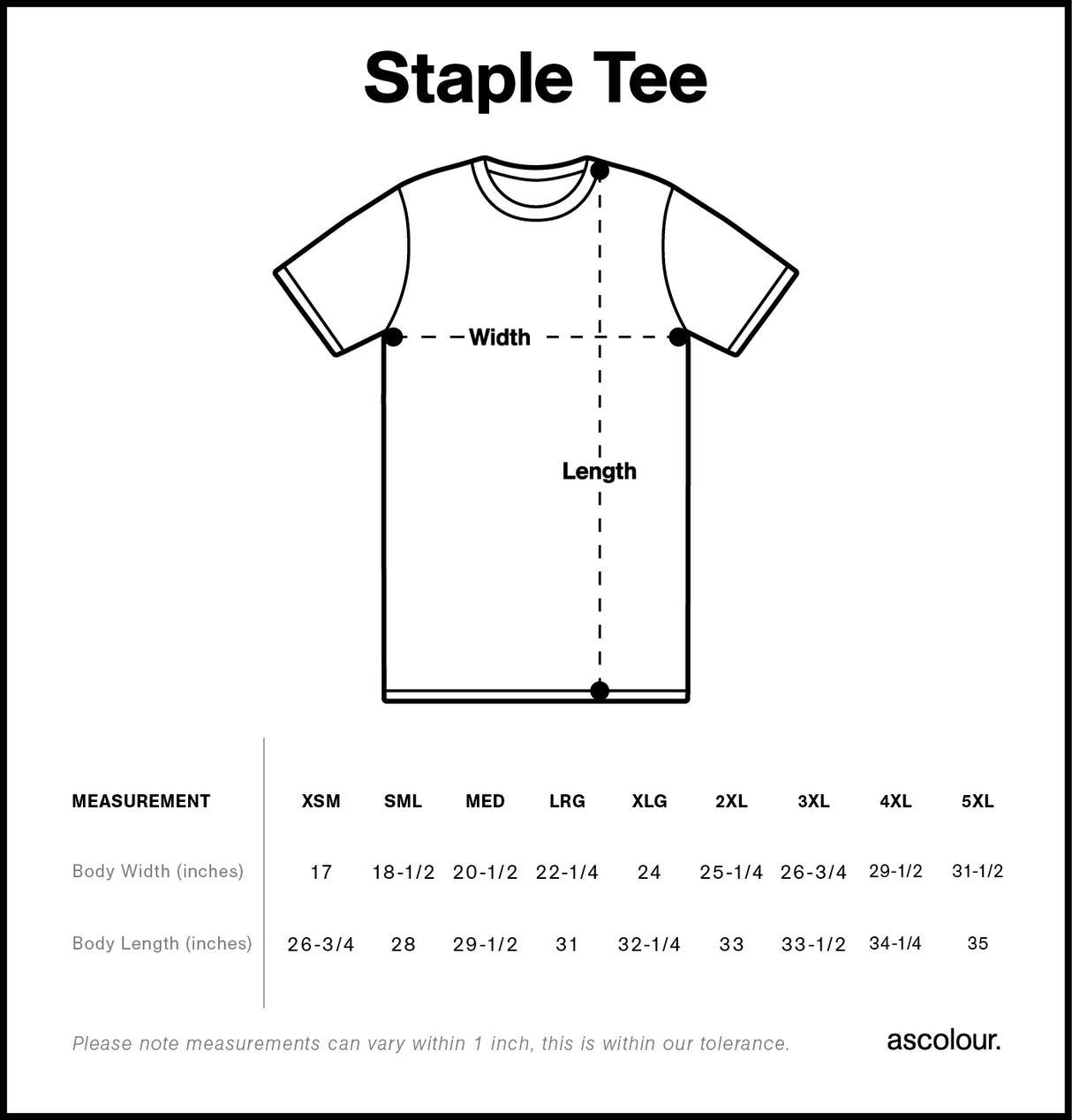 staple tee sizing chart