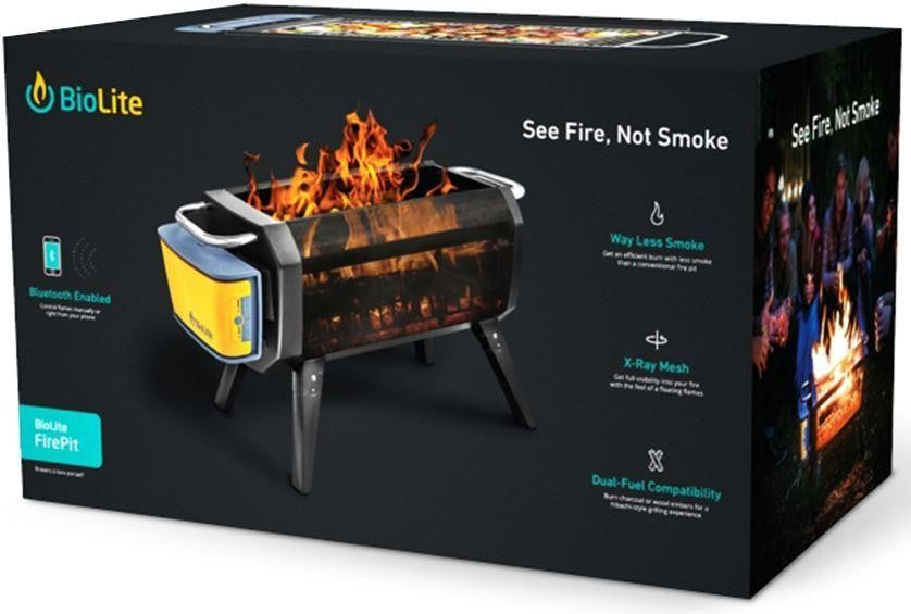 Product box package of the Smokeless Natural Fuel BioLite FirePit. 