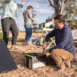 People working on home exterior renovations using the Goal Zero 1400 Lithium power station and a solar panel to feed it power.