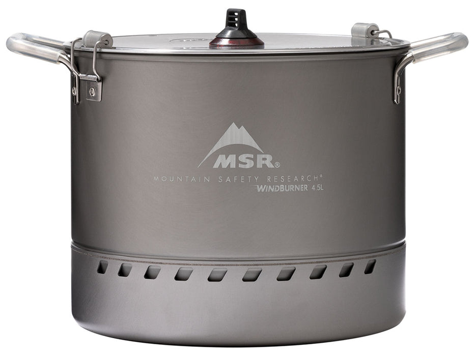 Mountain Safety Research WindBurner Large Stock Pot with two handles on the left and right, a heat dissipation grill on the bottom and a 3 column grooved handle on the lid. The cooking pot is a flat grey colour.