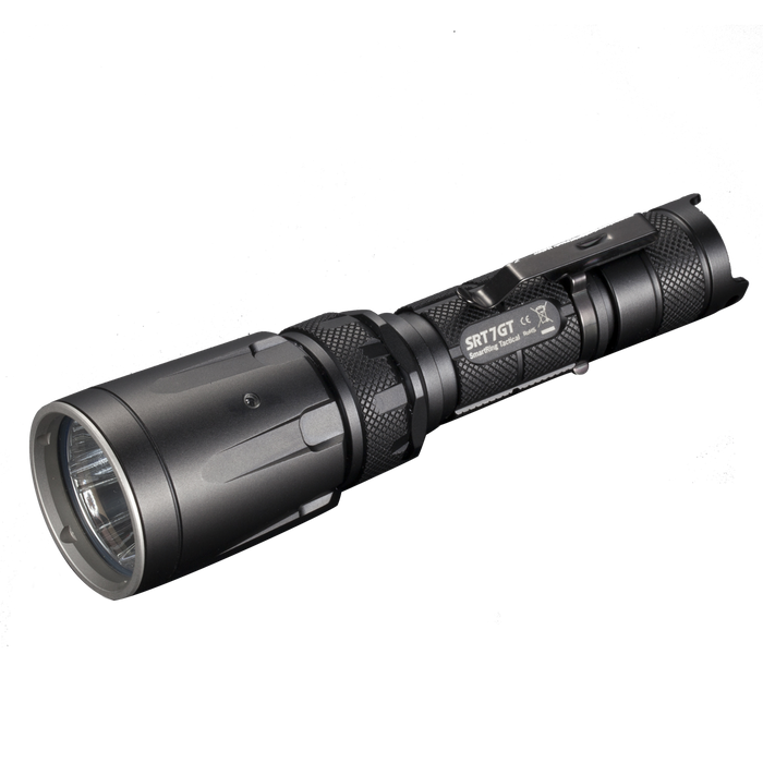 Nitecore SRT 7GT Multicolored Tactical Flashlight in black with a belt clip on the body.