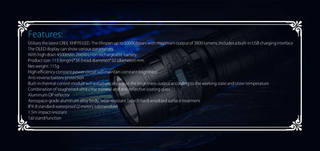 Features of the Imalent Dn 70 Micro Flashlight. The flashlight in the background with a white chart over top.