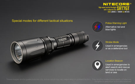 Police warning light, strobe mode and location beacon functions of the Nitecore SRT7GT Tactical multimode flashlight. The flashlight is black with a large shadow on a dark grey background.