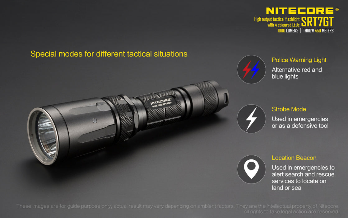 Police warning light, strobe mode and location beacon functions of the Nitecore SRT7GT Tactical multimode flashlight. The flashlight is black with a large shadow on a dark grey background.