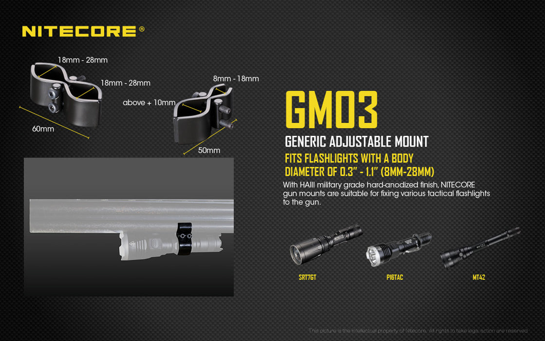 Nitecore GM03 generic adjustable mount in black with measurements 60mm, and 50mm widths. Compatible scopes are listed as SRT7GT, PI6TAC, and MT42.