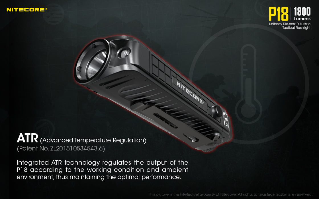 ATR (Advanced Temperature Regulation) of the Nitecore p18 1800 lumen tactical flashlight. Soldiers, helicopters and a thermal icon show in the background.