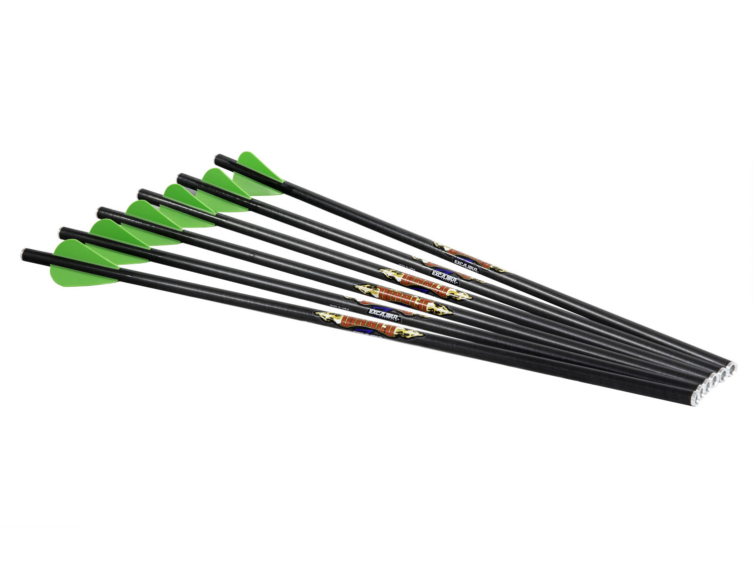 Excalibur Diablo Carbon 18" Arrows with green feathers and black shafts.