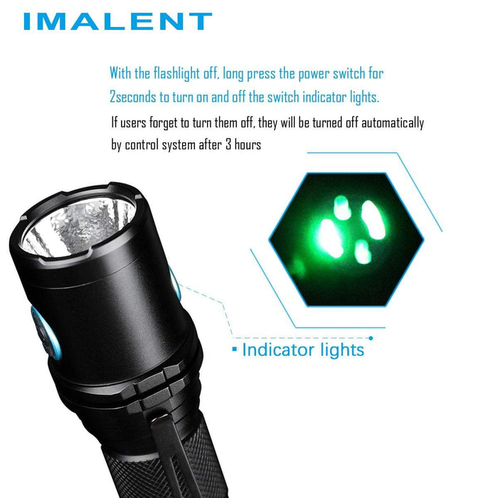 Imalent Dm70's automatic 3 hour shut off feature is highlighted, with the flashlight indicator lights showing.