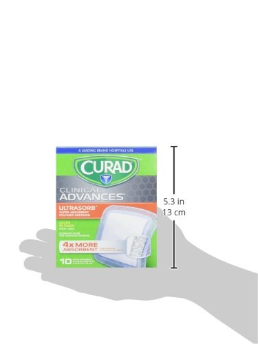 A drawing of a hand holding the Curad Super Absorbant Wound pad product box fitting in the palm of that hand and a heigh value of 5.3 inches.