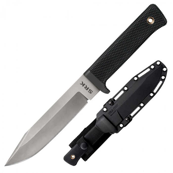 Cold Steel SRK San Mai blade tactical knife. Beside the knife is the black matte hard plastic sheath with the knife concealed within it. The sheath has multiple belt loops.