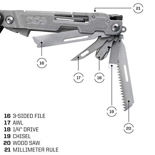 3-sided file, AWl, 1/4" Drive, Chisel, Wood Saw and Millimeter rule of the SOG Delux Multi tool in stainless steel.