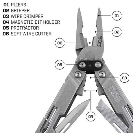 Pliers, Gripper, wire crimper, magnetic bit holder, protractor and soft wire cutter of the SOG Power Access Deluxe Multi-tool.