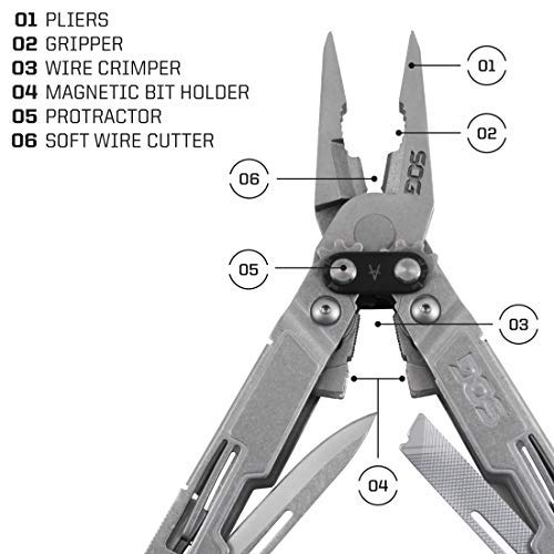 Pliers, Gripper, wire crimper, magnetic bit holder, protractor and soft wire cutter of the SOG Power Access Deluxe Multi-tool.