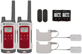 Two Motorola Talkabout T480 Emergency radios in first aid red and white, with a black antenna and tuner dial. Two batteries and two charging docks in white are shown.