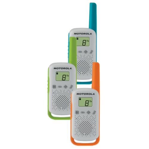 3 Motorola T110 Radios with blue, lime green, and orange anttennas on a white background.