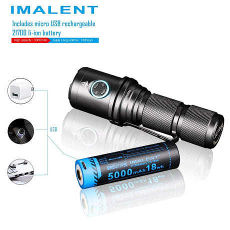 Imalent Dm70 Flaslight with the 5000mAh 18wh Imalent usb rechargeable li-ion battery.